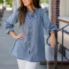 Denim Smocked Top Tunic Button Up