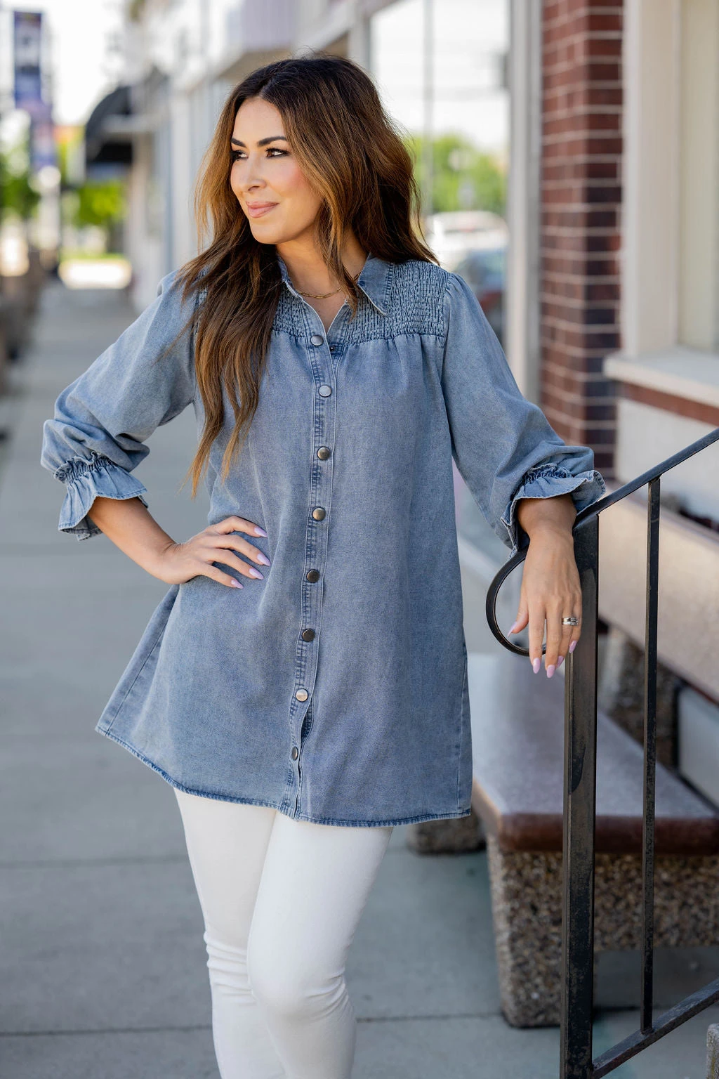 Denim Smocked Top Tunic Button Up 1 Denim Smocked Top Tunic Button Up