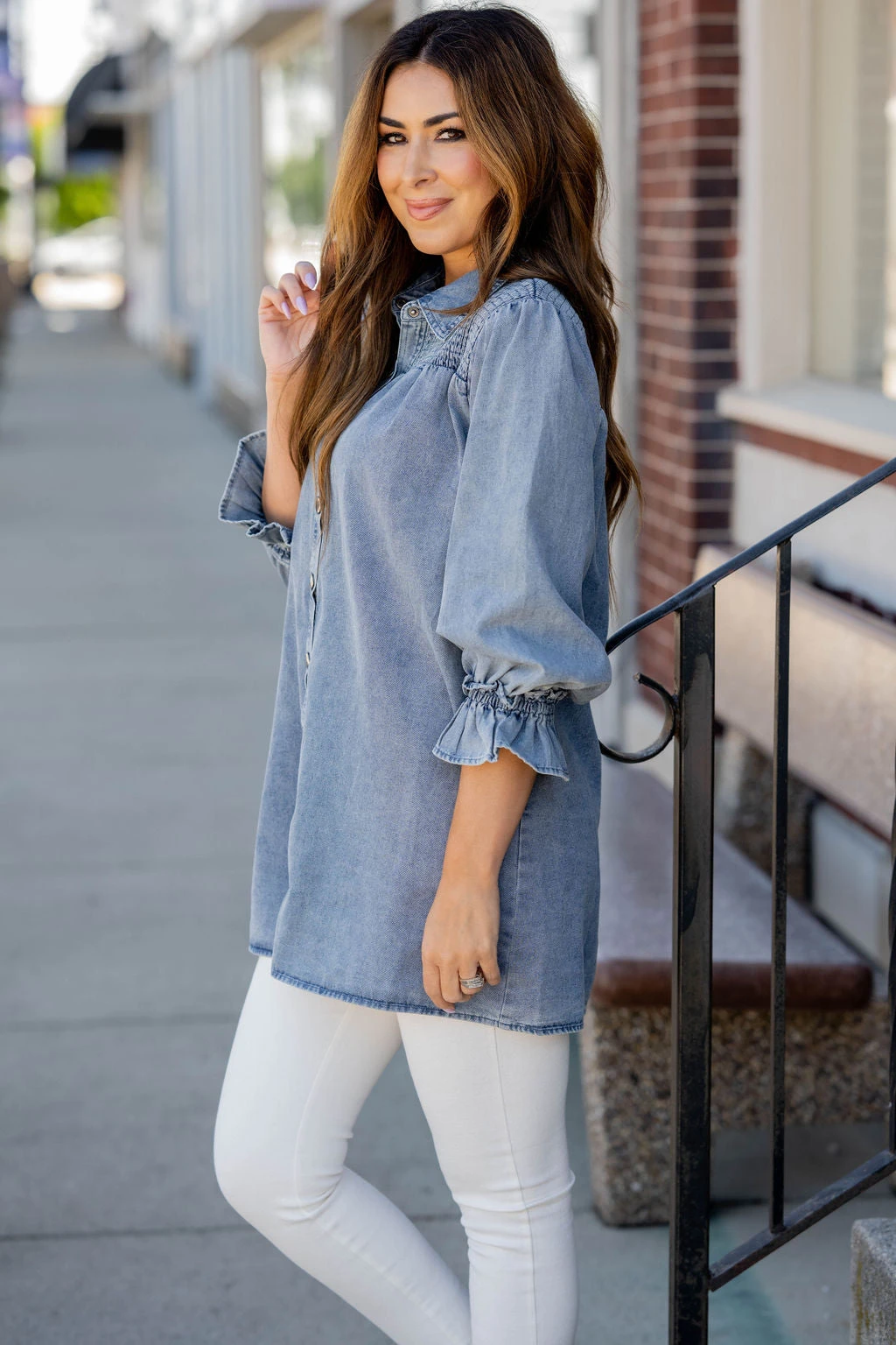 Denim Smocked Top Tunic Button Up 2 Denim Smocked Top Tunic Button Up - Image 2