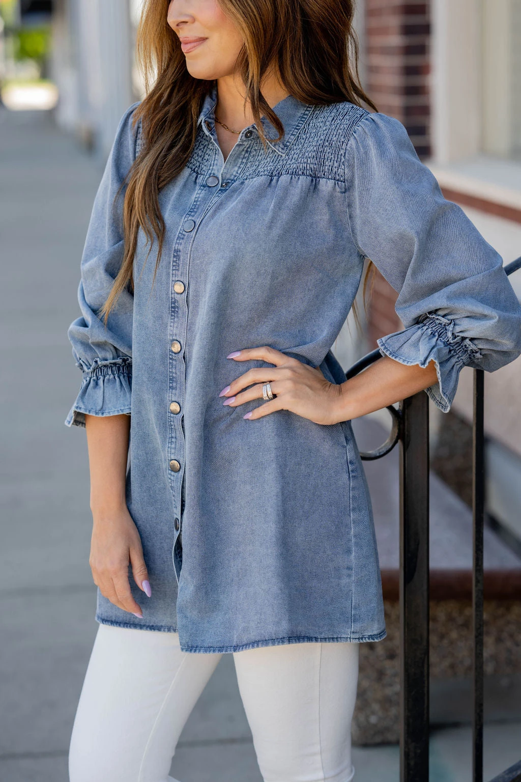 Denim Smocked Top Tunic Button Up 4 Denim Smocked Top Tunic Button Up - Image 4