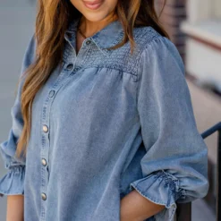 Denim Smocked Top Tunic Button Up 11 Denim Smocked Top Tunic Button Up -Women's Clothing Store untitled 0880