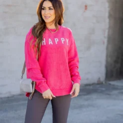 Happy Ribbed Crewneck Sweatshirt -Women's Clothing Store untitled 0900