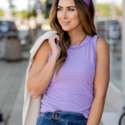 Lightly Ribbed Ruched Ruffle Trim Tank