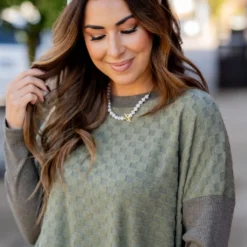 Checkered Solid Trim Popover Sweater -Women's Clothing Store untitled 1142