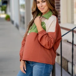 Retro Blocked Quarter Zip Pullover -Women's Clothing Store untitled 1153