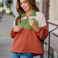 Retro Blocked Quarter Zip Pullover -Women's Clothing Store untitled 1155