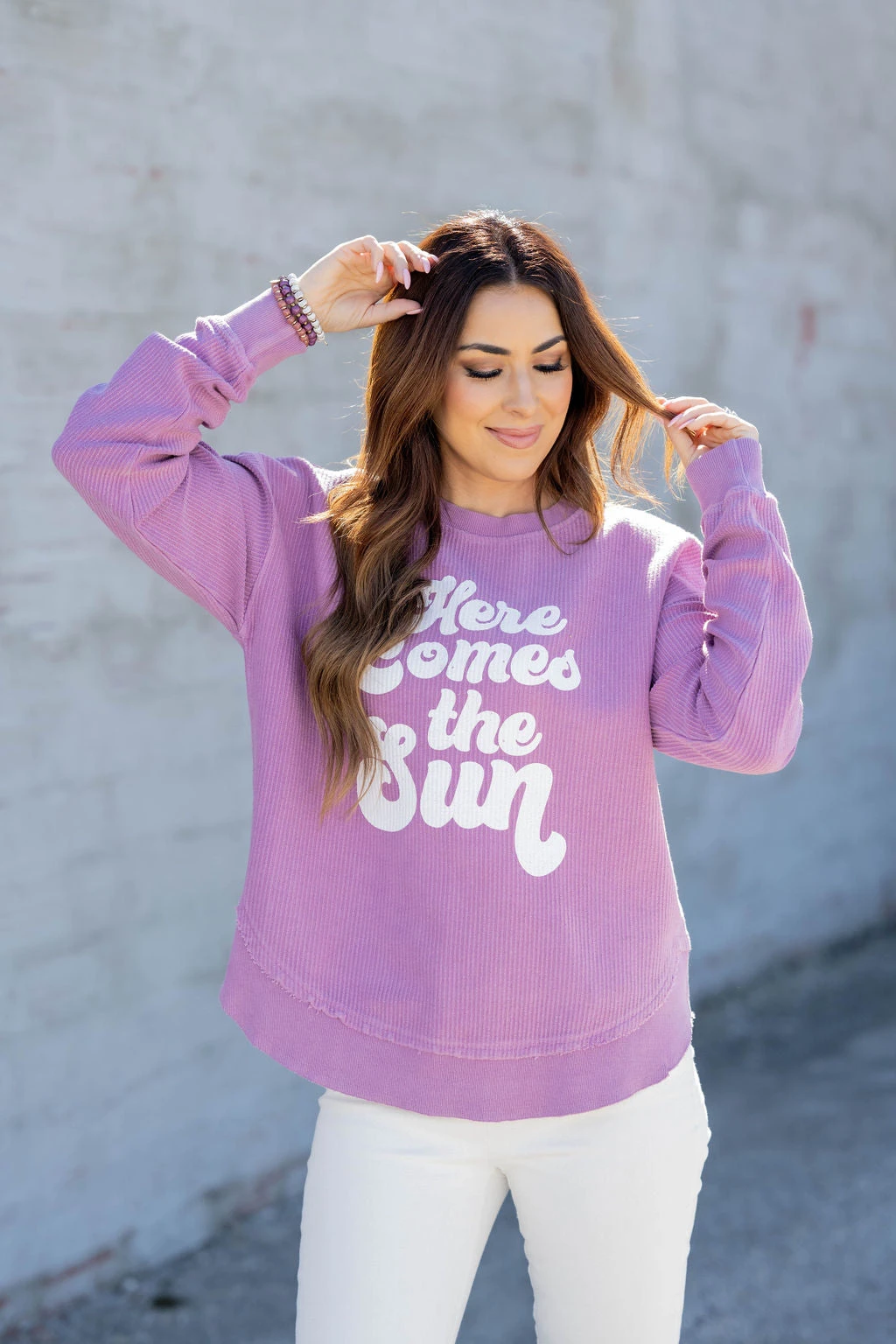 Here Comes The Sun Side Slit Graphic Crewneck 1 Here Comes The Sun Side Slit Graphic Crewneck