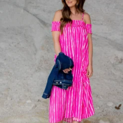 Painted Stripes Off The Shoulder Maxi Dress