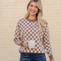 Checkered Ribbed Trim Sweater -Women's Clothing Store untitled 1527 93095e81 aef6 493e b8cf 69e82c78f0ec