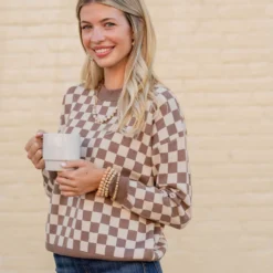 Checkered Ribbed Trim Sweater -Women's Clothing Store untitled 1538 ec1de27a 8d37 49e5 b3b2 f954abf246fb
