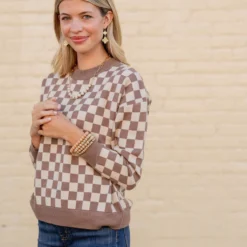 Checkered Ribbed Trim Sweater -Women's Clothing Store untitled 1550 d27fa6ea 3887 4e4d b317 1dd10be08091