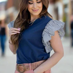 Muted Stripes Ruffle Trim Tee -Women's Clothing Store untitled 1580