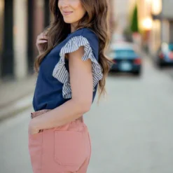 Muted Stripes Ruffle Trim Tee -Women's Clothing Store untitled 1589