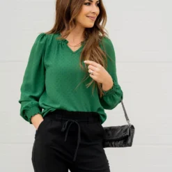 Stitched Dots Cinched V Blouse -Women's Clothing Store untitled 1611