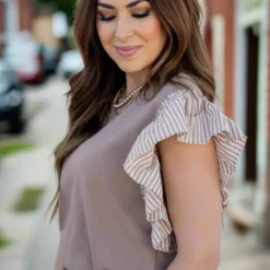 Muted Stripes Ruffle Trim Tee -Women's Clothing Store untitled 1709 3d5e9730 b704 4f0c 90f4 1bbe4c3ba0b8