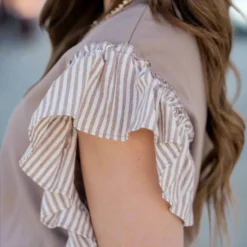 Muted Stripes Ruffle Trim Tee -Women's Clothing Store untitled 1726