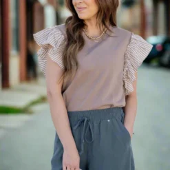 Muted Stripes Ruffle Trim Tee -Women's Clothing Store untitled 1729