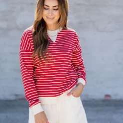 Striped Solid Trim Waffle Sweatshirt -Women's Clothing Store untitled 2 100 8ed45e50 5814 4381 8982 445f38e8583a