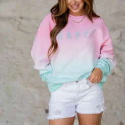 Happy Gradient Ribbed Graphic Crewneck