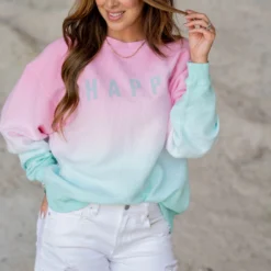 Happy Gradient Ribbed Graphic Crewneck -Women's Clothing Store untitled 2 117