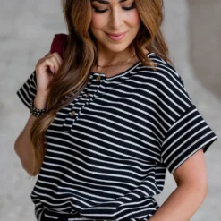 Striped Tri Button Relaxed Tee -Women's Clothing Store untitled 2 21