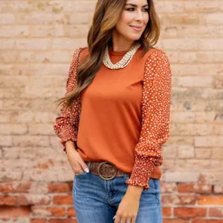 Spotted Sleeve Solid Body Blouse