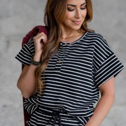 Striped Tri Button Relaxed Tee