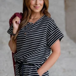 Striped Tri Button Relaxed Tee -Women's Clothing Store untitled 2 30