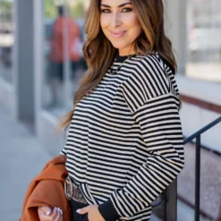 Striped Solid Trim Thermal Tee -Women's Clothing Store untitled 2 33 bb437e1c 3cfa 44e0 8264 7a3a1ad3817b