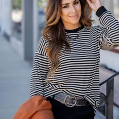 Striped Solid Trim Thermal Tee -Women's Clothing Store untitled 2 34