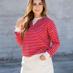 Striped Solid Trim Waffle Sweatshirt -Women's Clothing Store untitled 2 35 7cb7b2aa 6b27 4df4 b4f7 4cb6d979802c
