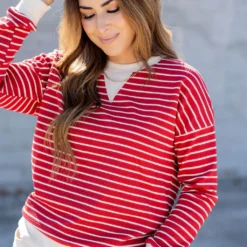 Striped Solid Trim Waffle Sweatshirt -Women's Clothing Store untitled 2 42 e07eccf5 34d1 4d9f ab4e 1ff5f8f9a57e