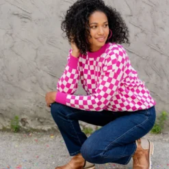 Checkered Ribbed Trim Sweater