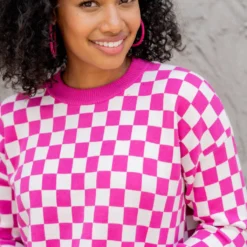 Checkered Ribbed Trim Sweater -Women's Clothing Store untitled 2 447