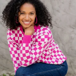 Checkered Ribbed Trim Sweater -Women's Clothing Store untitled 2 448
