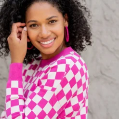 Checkered Ribbed Trim Sweater -Women's Clothing Store untitled 2 449