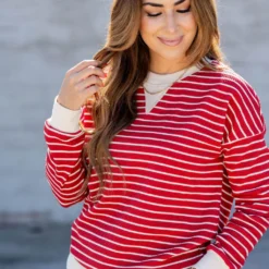 Striped Solid Trim Waffle Sweatshirt -Women's Clothing Store untitled 2 53 aa680541 86c8 4f33 b549 b0df4f040686