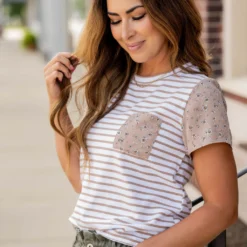 Scattered Daisies Accented Striped Tee -Women's Clothing Store untitled 2201
