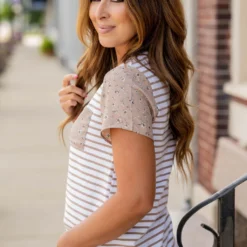 Scattered Daisies Accented Striped Tee -Women's Clothing Store untitled 2209