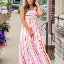 Watercolor Stripes Tiered Maxi Dress