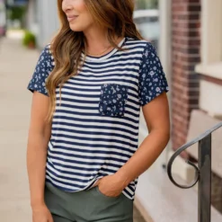Scattered Daisies Accented Striped Tee -Women's Clothing Store untitled 2276 e7da6064 7a1c 4870 bd70 45eccd3831b8