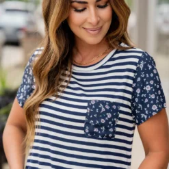 Scattered Daisies Accented Striped Tee -Women's Clothing Store untitled 2279 7226bcf6 ea43 48f6 be71 8dbe302548ff