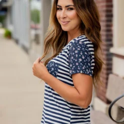 Scattered Daisies Accented Striped Tee -Women's Clothing Store untitled 2280 f420a528 fac5 45cb a4a0 7844f1fc77d5