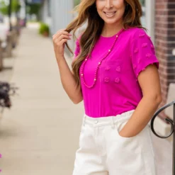 Textured Dot Accented Pocket Tee -Women's Clothing Store untitled 2295