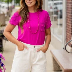 Textured Dot Accented Pocket Tee -Women's Clothing Store untitled 2298