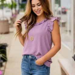 Stitched Dots Ruffle Trim Tank -Women's Clothing Store untitled 2309