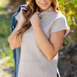 Heathered Mock Neck Short Sleeve Sweater -Women's Clothing Store untitled 2311 b674ade7 13a5 44cb bd4f e5625c8e6cf5