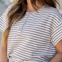 Striped Tri Button Relaxed Tee -Women's Clothing Store untitled 2373