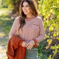 Textured Stripes Pocket Sweater -Women's Clothing Store untitled 2379