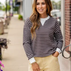 Striped Solid Trim Waffle Sweatshirt -Women's Clothing Store untitled 2388 Copy